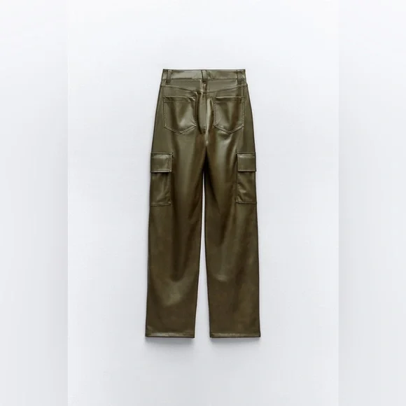 Zara Khaki Faux Leather Cargo Pants Size -NWT
